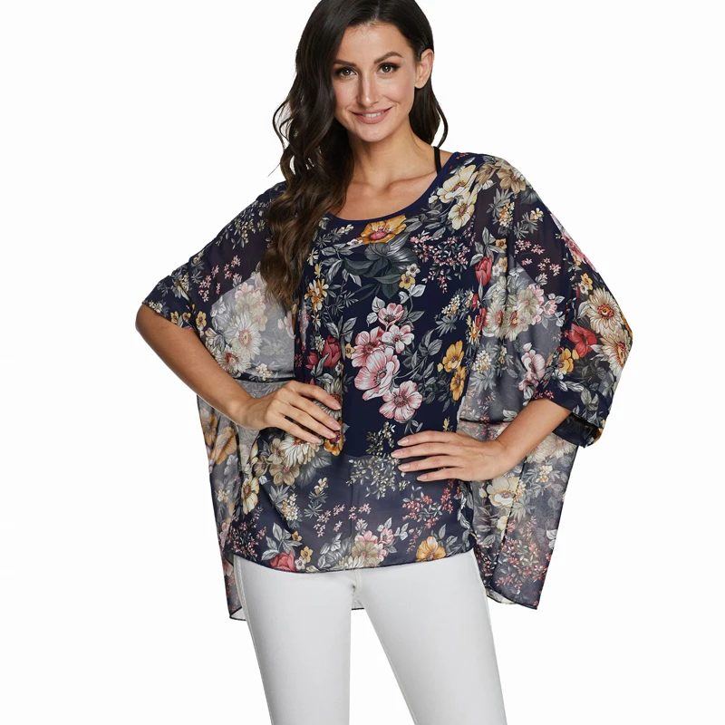 BHflutter Plus Size Blouse Shirt Women Fashion Vintage Black Chiffon Blouses Ladies Batwing Casual Summer Tops Tunics ropa mujer