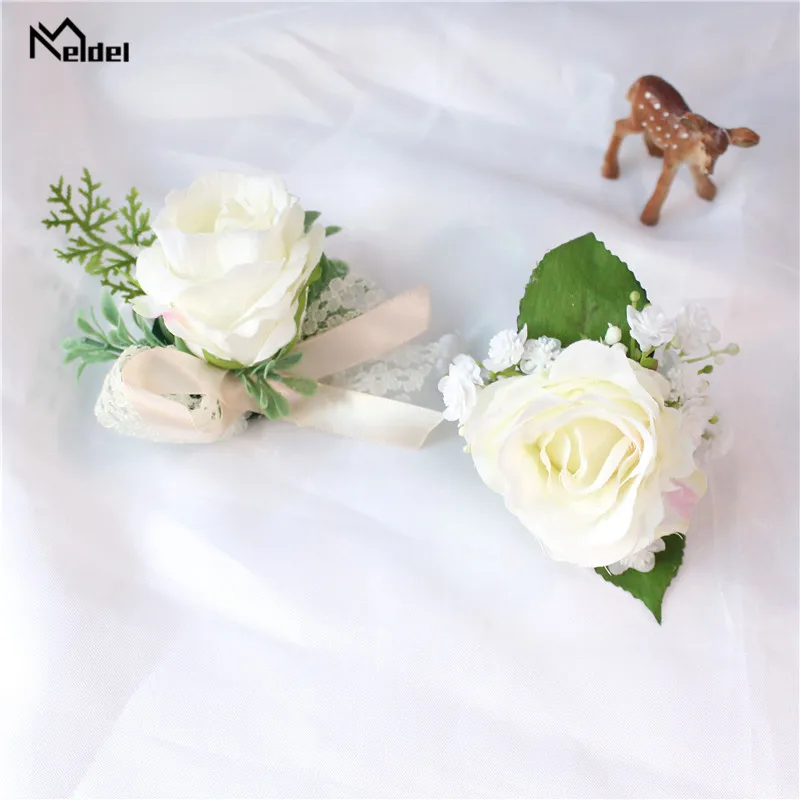 Meldel Wedding Boutonniere Bloem Witte Roos Bruid Pols Corsage Armband Bruidegom Boutonniere Bruiloft Getuige Huwelijk Accessoires