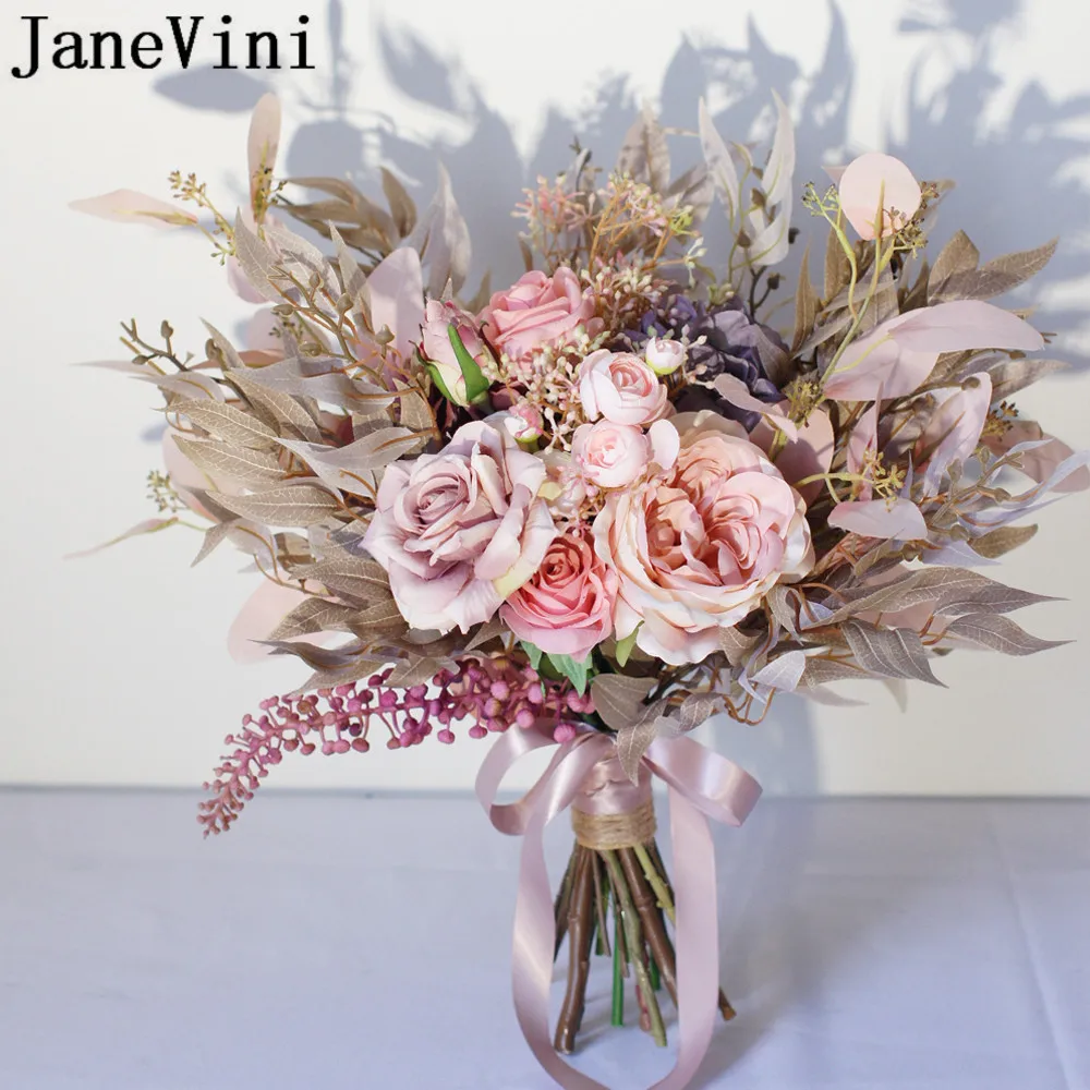 Janeini buquê de casamento vintage com flor rosa, buquê de noiva com peônia rosa de seda, hydrange, outono 2020