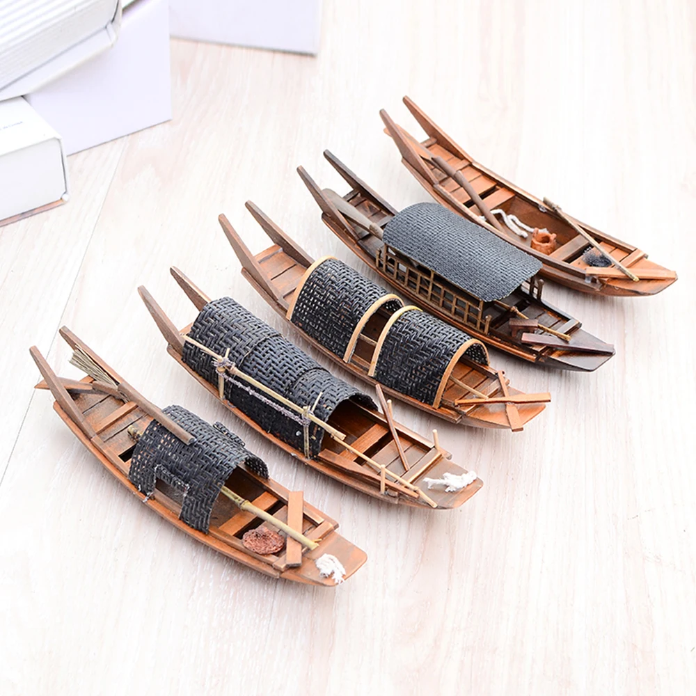 Chinese Traditional Wood Dark-awninged Boat Model Jiangnan Water Township Handmade Retro Wooden Boat Small Fishing Boat Models