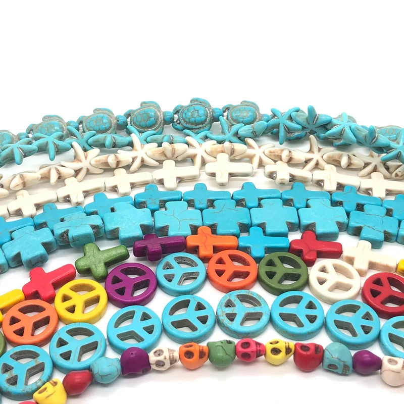 Free shipping Sea turtle Starfish Skull Heart Howlite Flower seeds Peace Cross Natural Turquoises Loose Beads For Jewelry Making