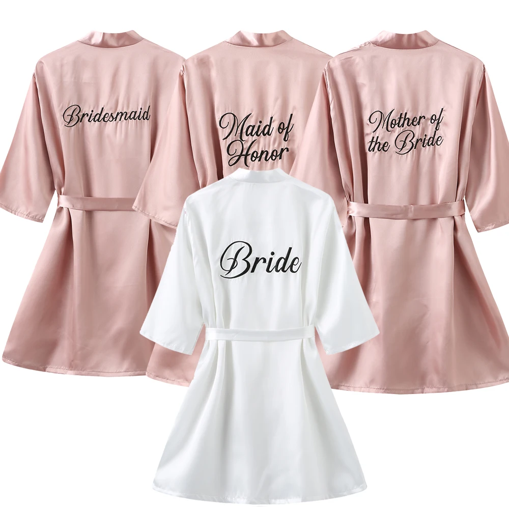 Wedding Party Bride Robe With Embroidery Black Gold Letters Kimono Satin Pajamas Bridesmaid Rose Gold Robe Pink Bathrobe