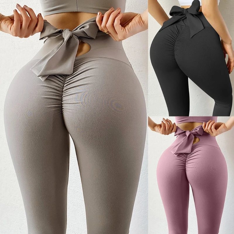 Women Solid Color Gym Legging High Waist Yoga Trouser Bandage Bow Tie Activewear