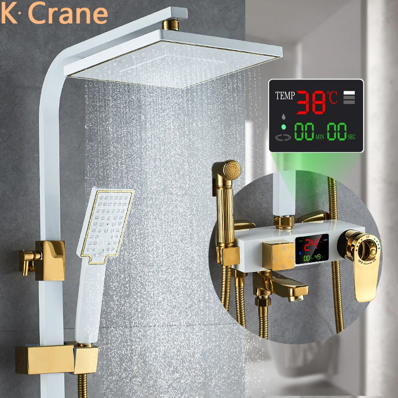 Wit Goud Digitale Douche Kraan Set Badkamer Hot Cold Mengkraan Thermostatische System Wall Mount Plein Hoofd Spa Neerslag Kranen