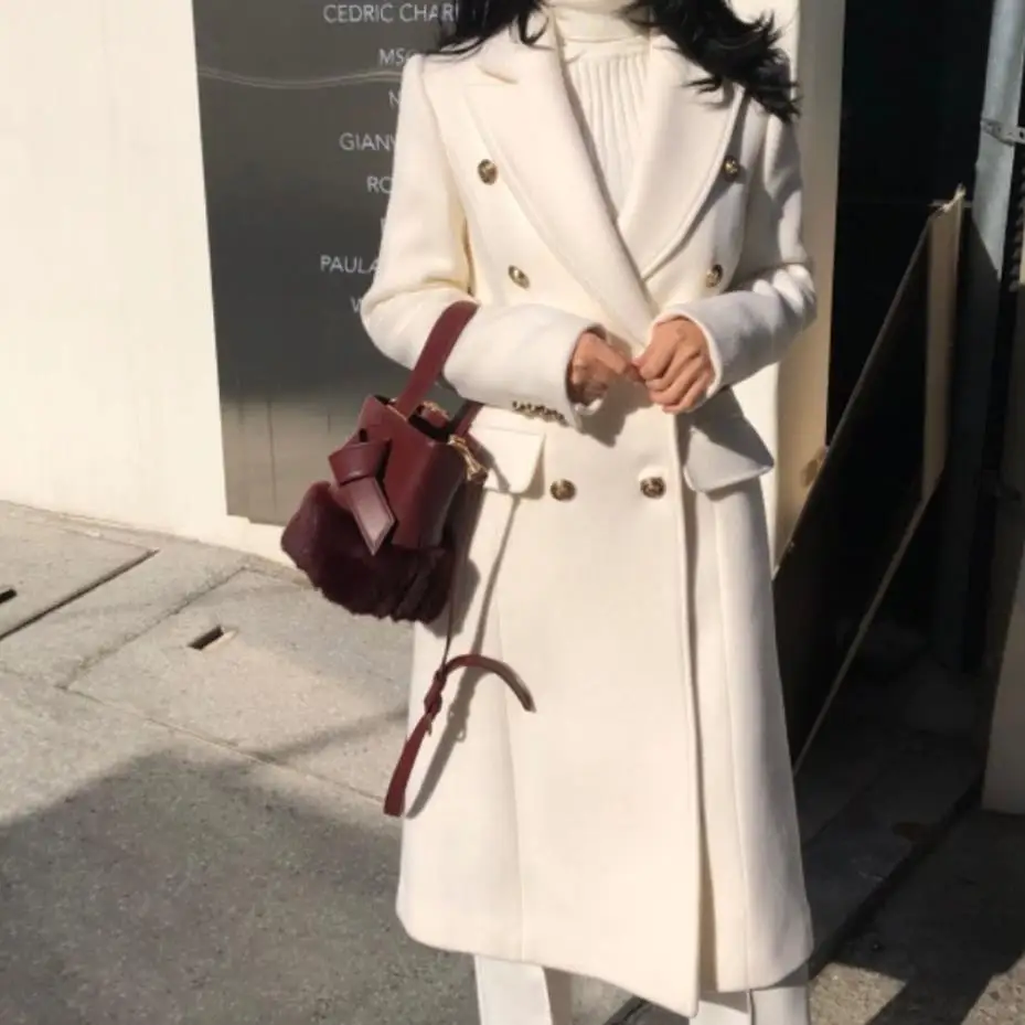 

Women Wool Coat 2021 Autumn Winter Korean Temperament Double-Breasted Slim Long Woolen Coat