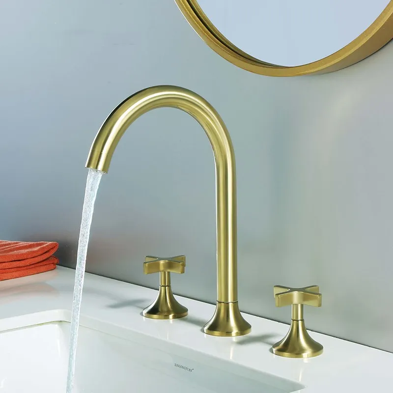 

Brush Gold Bathroom Basin Faucet 8 inch Widespread Lavatory Mixer Tap Brass Three Hole Sink tap Brass sink faucet