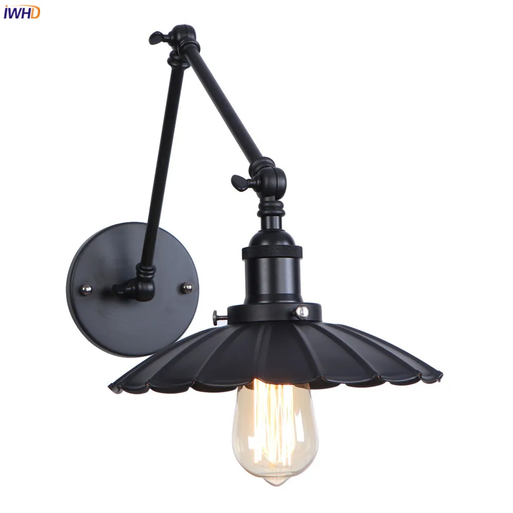 

IWHD Black Arm Wall Lamp Vintage Bedroom Beside Stair Antique Loft Decor Industrial Wall Light Sconce LED Applique Murale