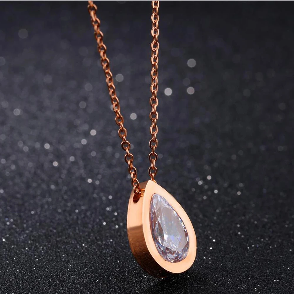 Austria Clear Tear Drop Crystals Necklace For Women Stainless Steel Rose Gold Color Pendants Fashion Girl Accessory Jewelry Gift