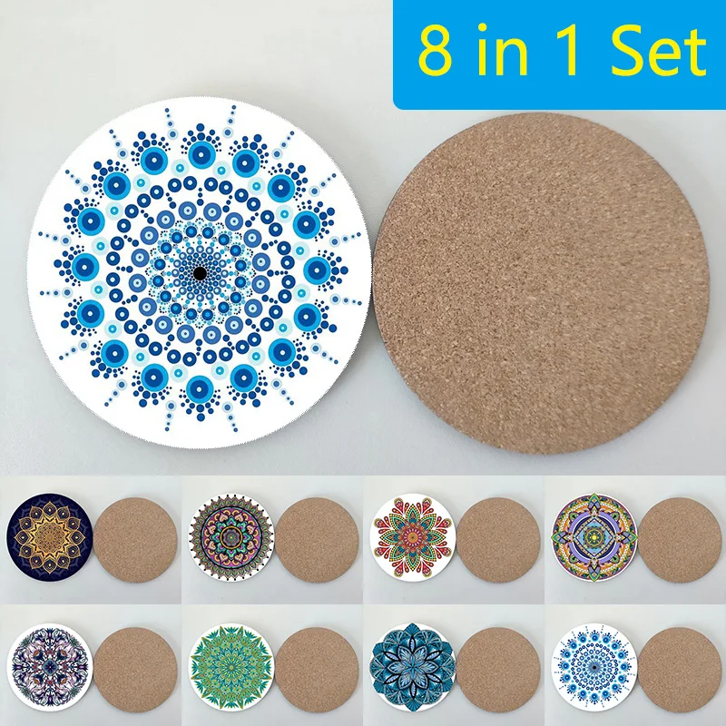 Disesuaikan Kayu Cangkir Kopi Pad Papan Dekoratif Mandala Bir Mark Coaster Teh Pesta Hadiah Tikar 8 Pcs Set