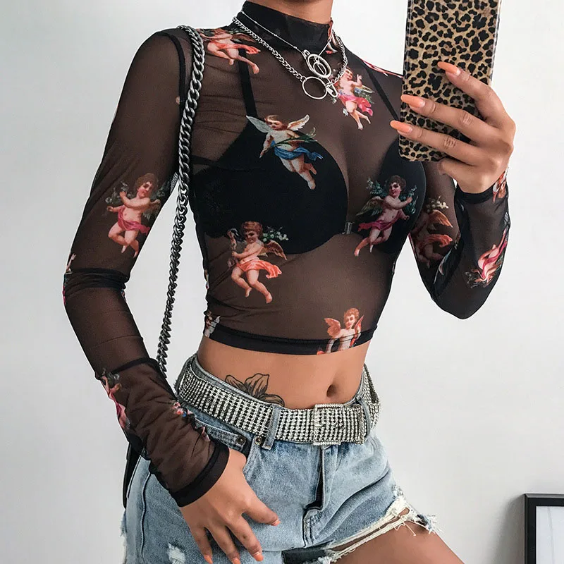 Women's Long Sleeve Turtleneck T-Shirt, See Through Transparent Mesh Tops, Sheer Slim Ladies T-Shirt, Sexy, New Arrival