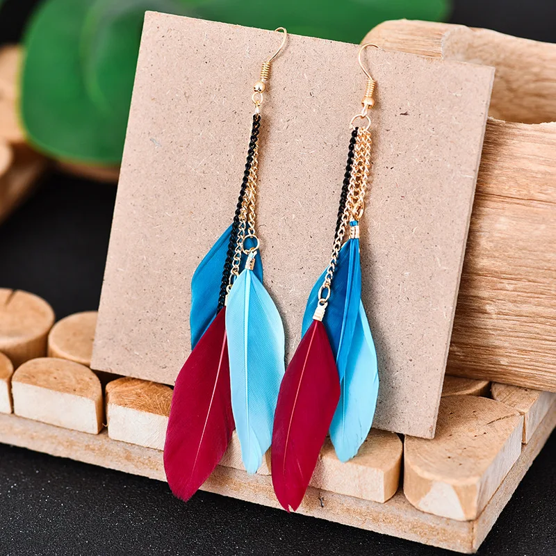 Summer Bohemian Corful Feather Long Earrings Kolczyki Fashion Vintage Women\'s Chain Tassel Dangle  Earrings