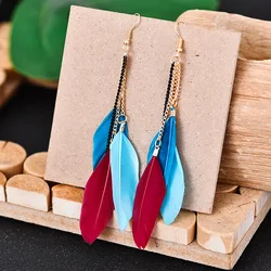 Summer Bohemian Corful Feather Long Earrings Kolczyki Fashion Vintage Women's Chain Tassel Dangle  Earrings