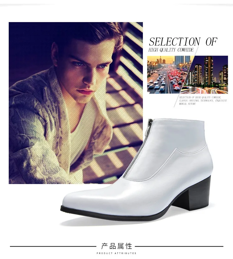 Autumn Mens Leather Ankle Boots 6cm High Heels Pointed-Toe Quality White Black Wedding Dress Shoes