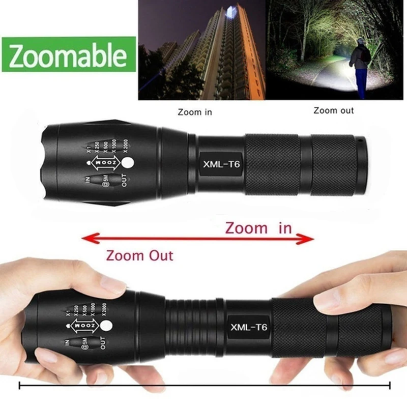 D5 Portable T6 Tactical Military LED Powerful Flashlight Zoomable 5-Modes Without Battery Outdoor Camping Fishing Hiking Tools