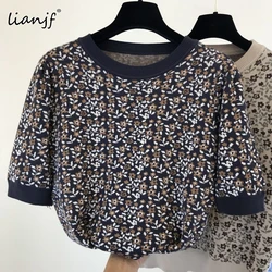 Retro Jacquard Ice Silk Knitted Sweaters New Summer Loose O-neck Short-sleeved Simple Black College Style Tee Female Casual Tops