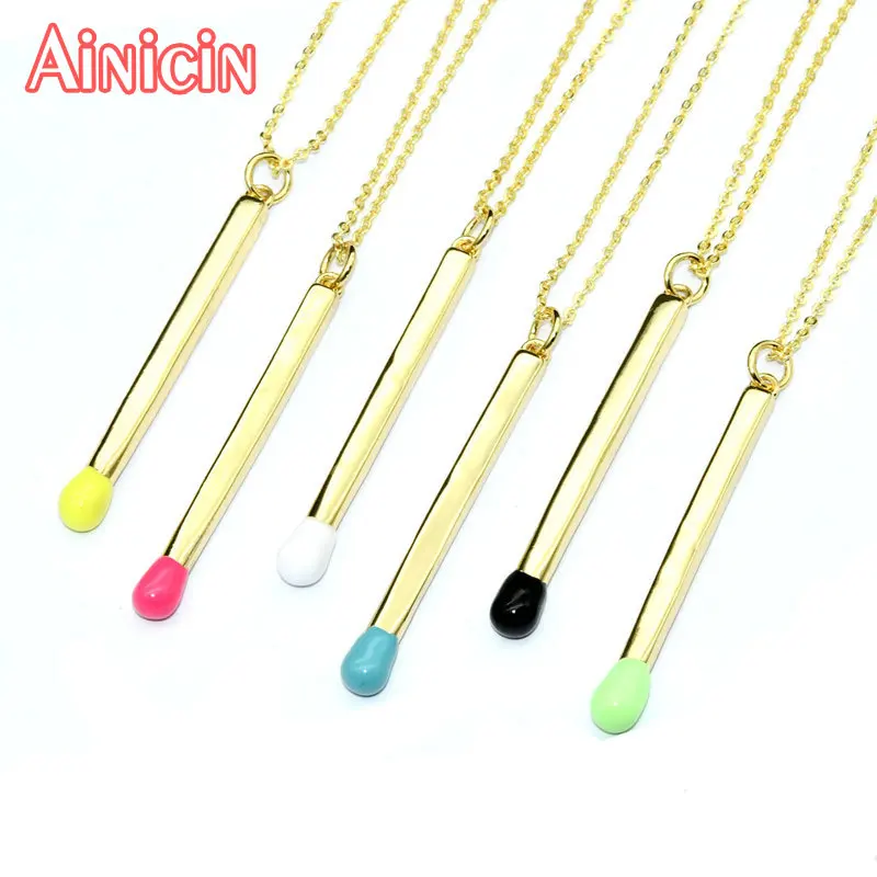 Color Keeping Gold Plating Copper Matchstick Pendant Necklace For Women and Childrens Birthday Gift Jewelry 6pcs/lot