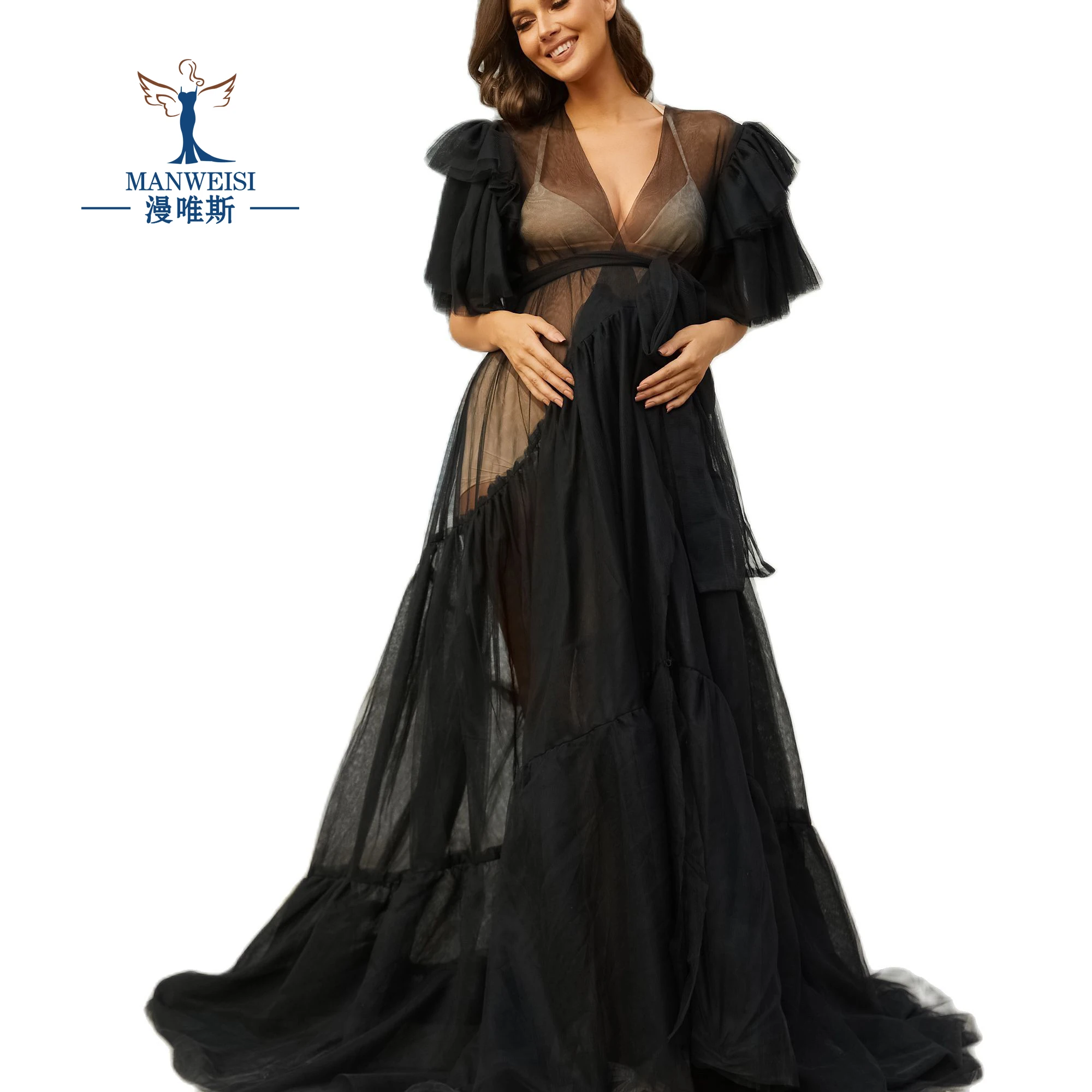 Black Photography Dress Custom  Made Prom Dresses Sexy Puff Party Gowns Ruffles Tiered Pregnant Woman Photo Robe Real Pictures