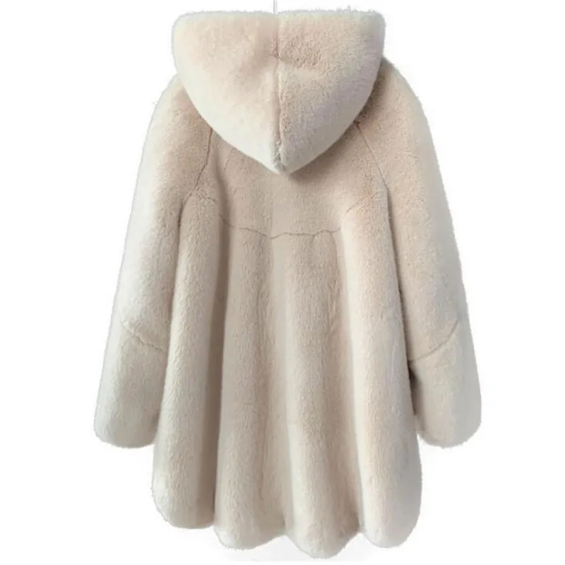 2024 new imitation velvet female mink fur coat whole mink mid-length coat hooded mink fur female