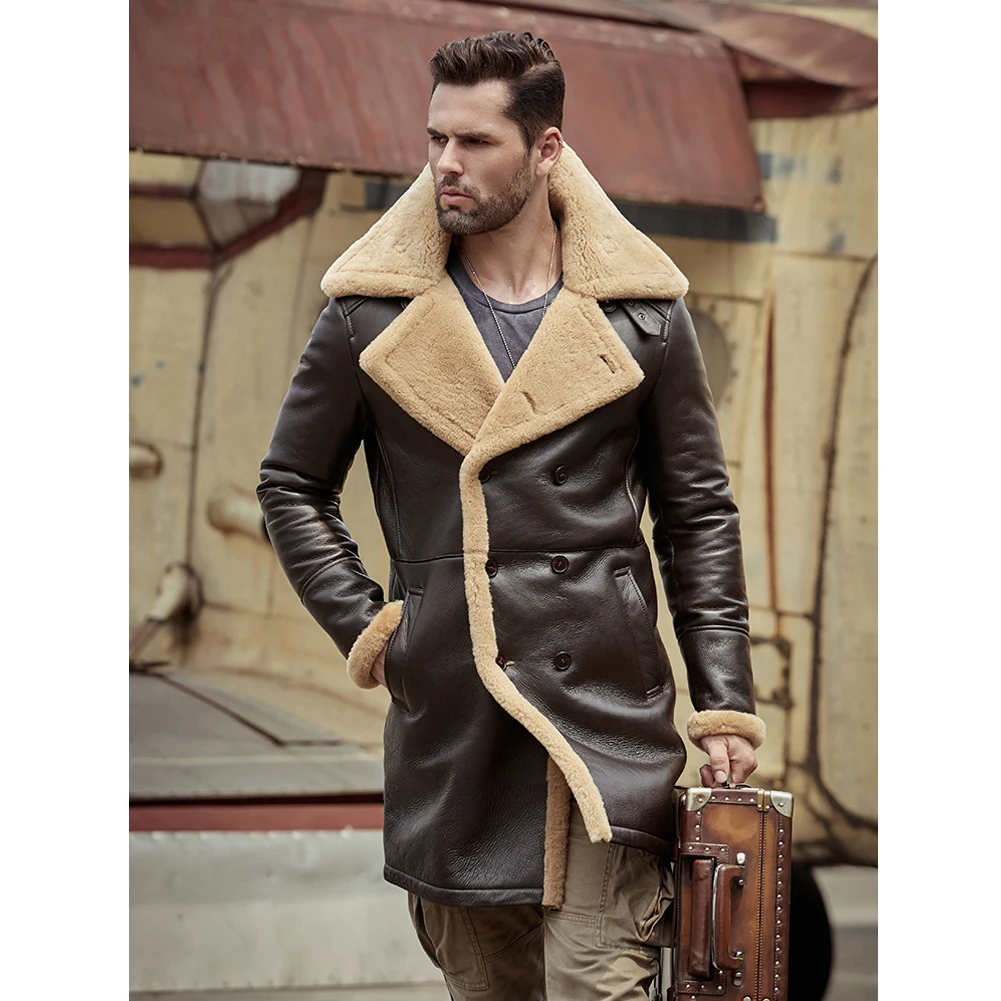 Mens Brown Shearling Coat B3 Flight Jacket Sheepskin Aviator Long Winter Fur Overcoat Bomber Leather Parkas