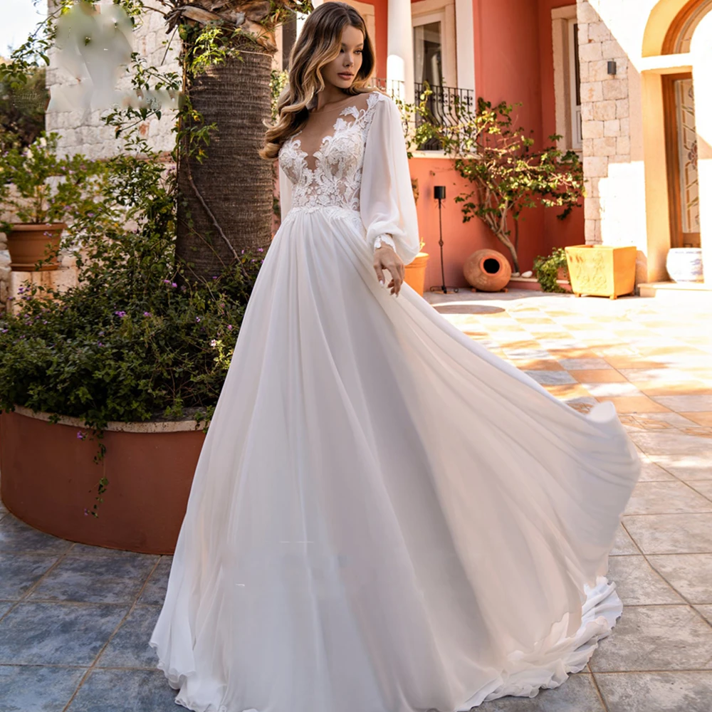 Robe De mariée en mousseline De soie, trapèze, col en v, élégante, avec des Appliques De boutons, manches bouffantes, 2022