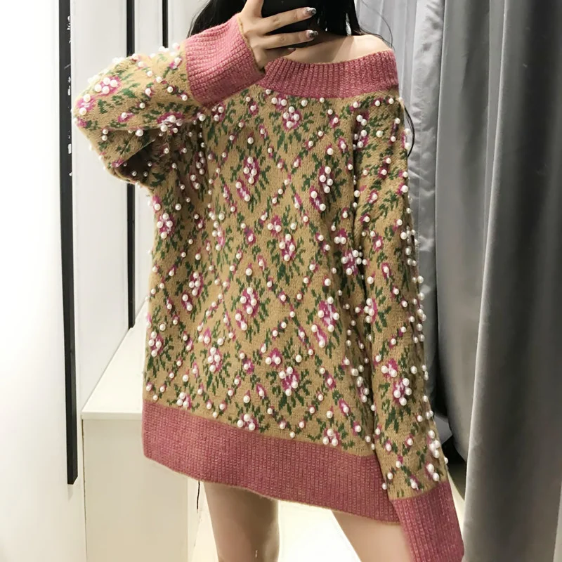 Retro New Korean Sweater Women Handmade Beaded Jacquard Pullover Lazy Wind Knitting Top Autumn Winter Casual Round Neck Loose