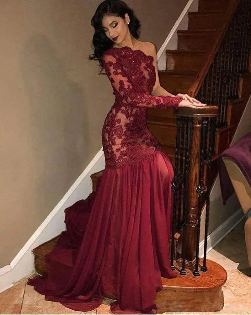 Elegant lace embroidery evening dresses one shoulder long sleeves mermaid prom dresses for ladies