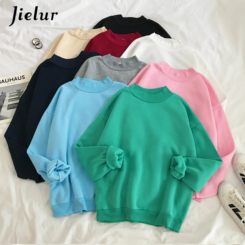 Jielur New 9 Colors Pink Green O-neck Hoodies Women Winter Autumn Pullover Sweatshirt Female Pure Color Loose Tracksuit M-XXL