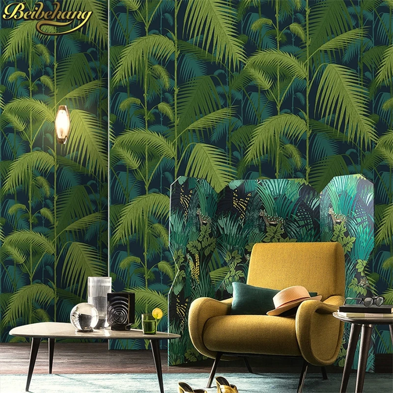 beibehang 3D American Rural Palm leaves Wallpaper Bedroom Living Room TV Emerald Green Background Wallpaper Retro Cottage Leaves