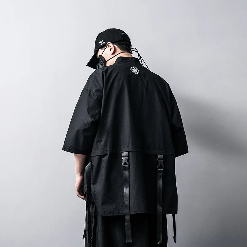 Harajuku Open Stitch Kimono Jackets Men Hip Hop Thin Coat Ribbon Streetwear Male 2024 Fashion Autumn Mens Loose Jacket
