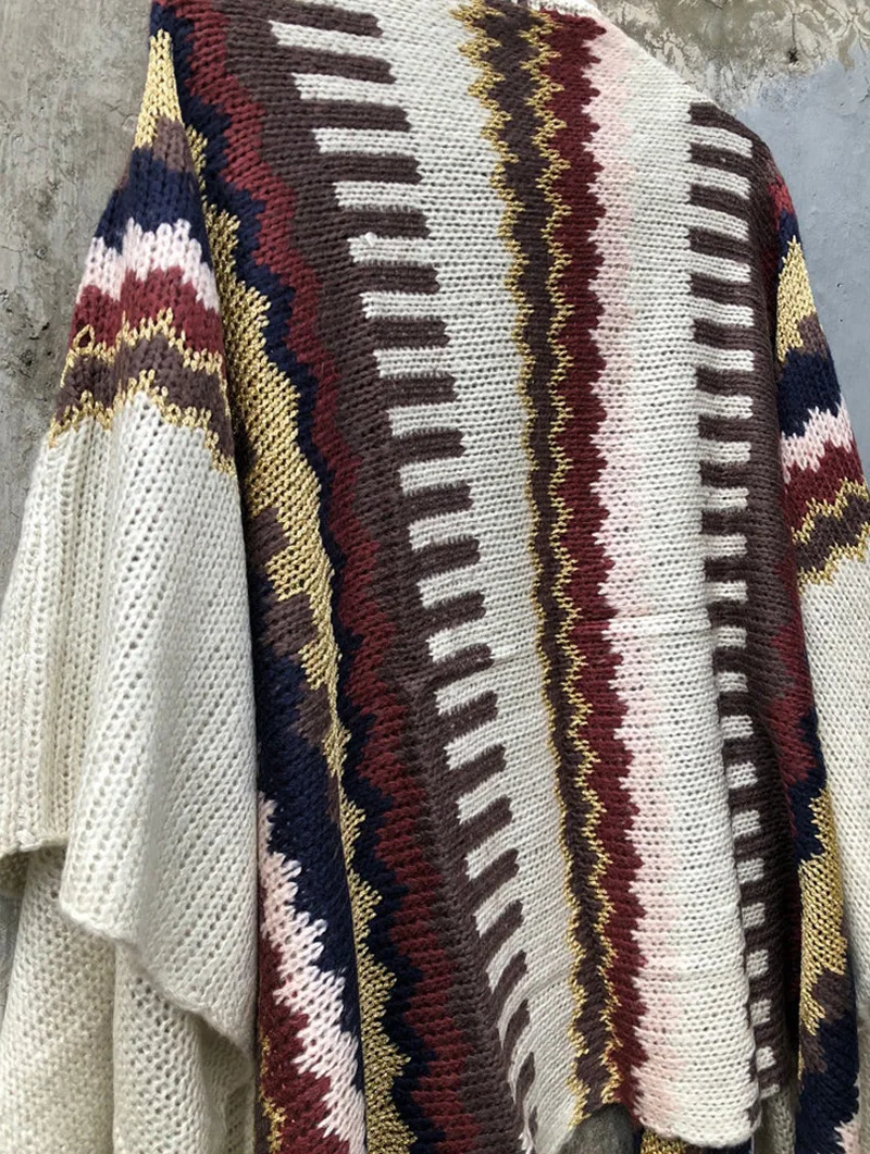 Navajo Style Poncho Autumn Knit Cardigans With Tassels Boho Bat Wing Argyle Pattern Weave Sweater Cape Beige Cloak Duster Coats