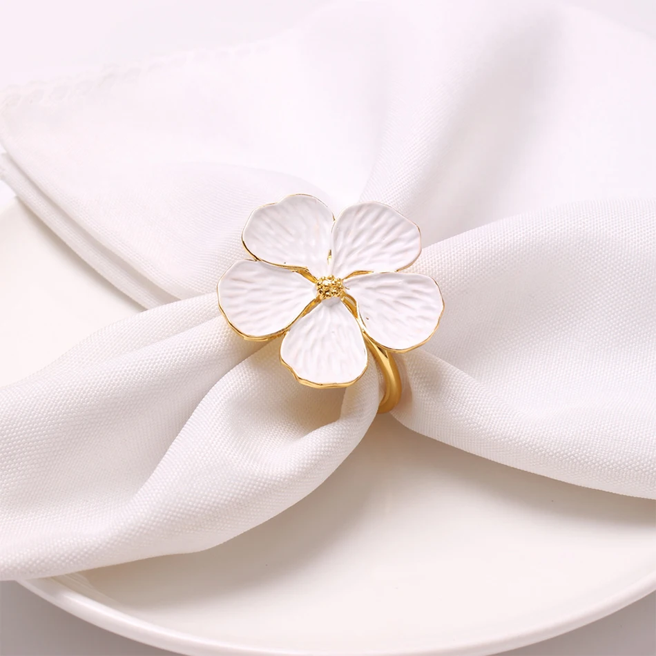 6PCS Napkin Buckle, White Plum Blossom Metal Napkin Rings, Festival Wedding Party Holiday Table Decoration