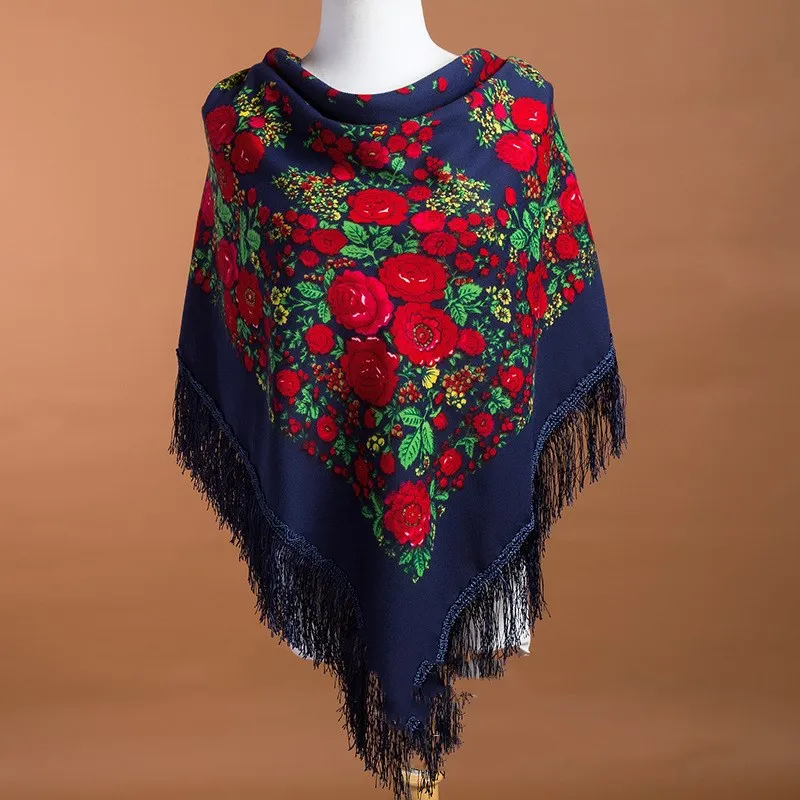 Bufanda cuadrada nacional rusa para mujer, chal de algodón con estampado de flores de gran tamaño, Fular Retro con flecos para invierno