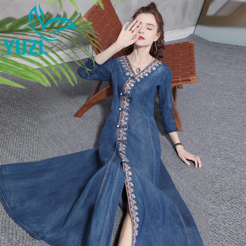 Dress For Women 2021 Yuzi.may Boho New Denim Autumn  Woman Dresses V-Neck Frog Knot Vintage Embroidery Vestidos A82352 Vestido