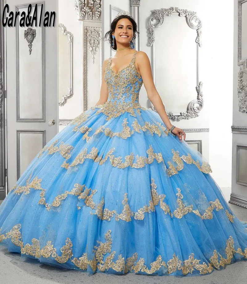 Elegant Sky Blue Vestido De15 Años Tiered Quinceanera Dresses Lace Applique Mexican Sweet 16 Birthday Prom Gowns