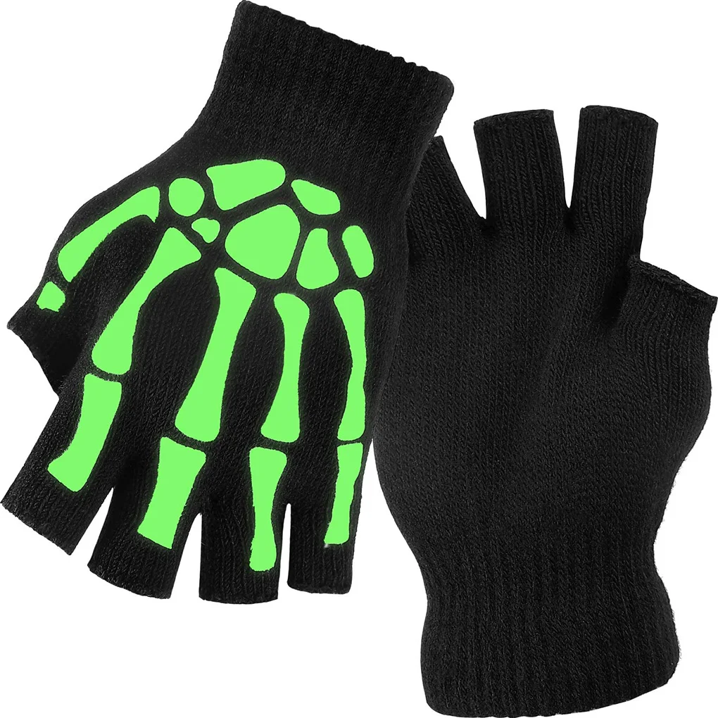 Warm Knitting Gloves Men Women Cycling Non-Slip Wrist Gloves Workout Half Fingers Mittens Skeleton Head Gripper Print Gloves