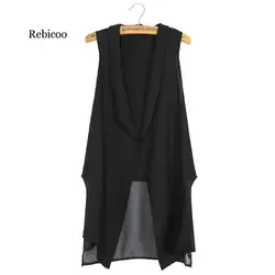 Women Summer Sleeveless Black Chiffon Waistcoat Blazer Casual Women Vest Long Suit Vest Female Jacket Coat