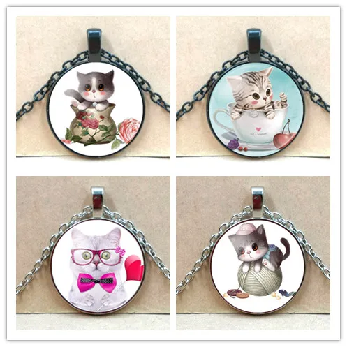 Hohe qualität mädchen silber überzogene nette katze glas anhänger halskette weibliche heißer verkauf nette kinder katze halskette schmuck