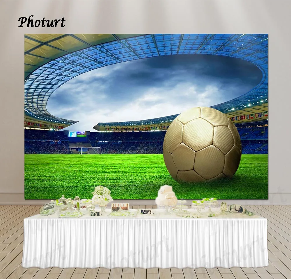 PHOTURT Football Field Backdrop Kids Birthday Photography Banner Game Theme Green Grass Photo Background Polyester Vinyl Props