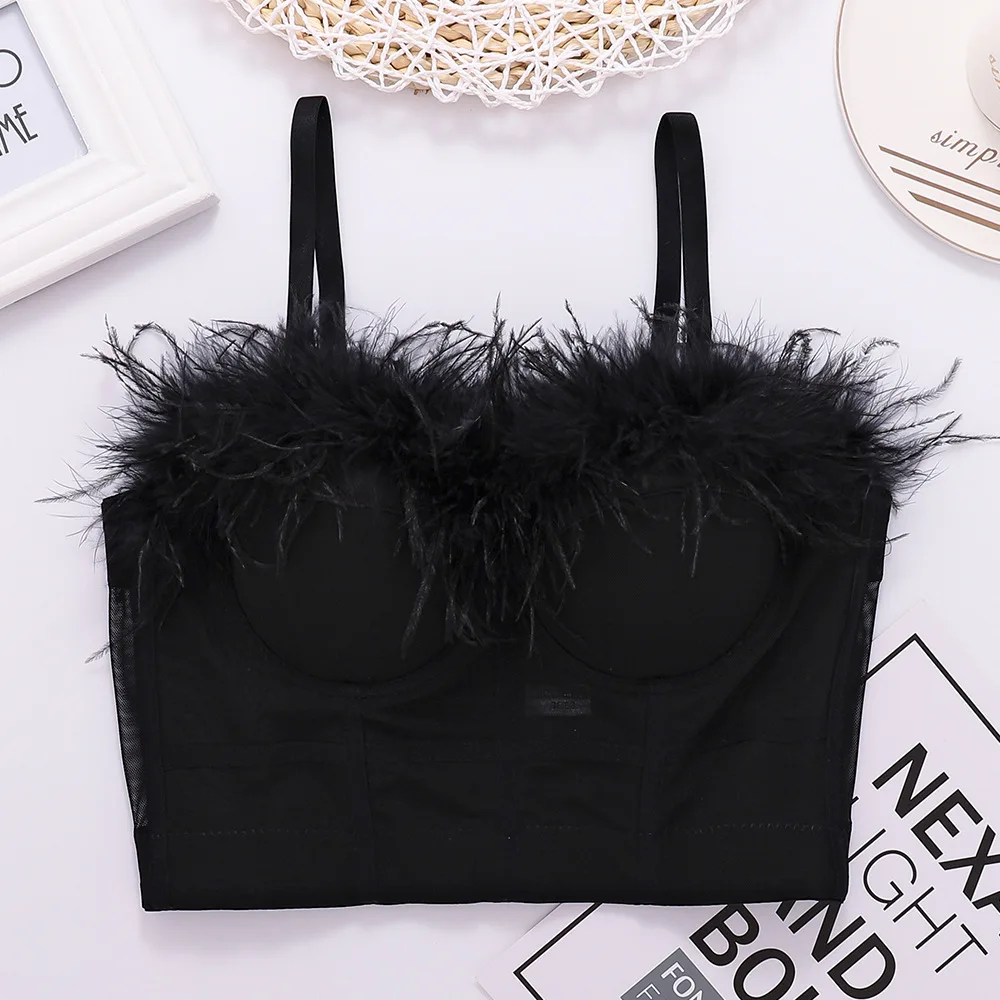 

Cupnaya Plush Feathers Women Stretch Crop Top Sexy Push Up Bustier Corset Camisole Camgirls Live Stream Dance Vest Black White