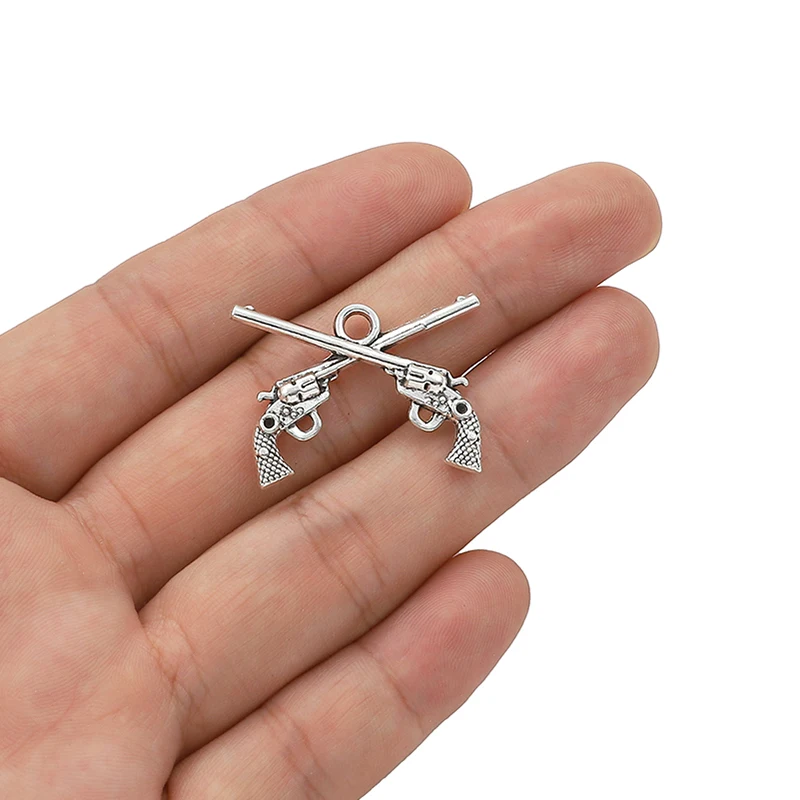 10pcs Charms Double Pistol Gun 28x20mm Tibetan Silver Color Pendants For Jewelry Making DIY Handmade Craft