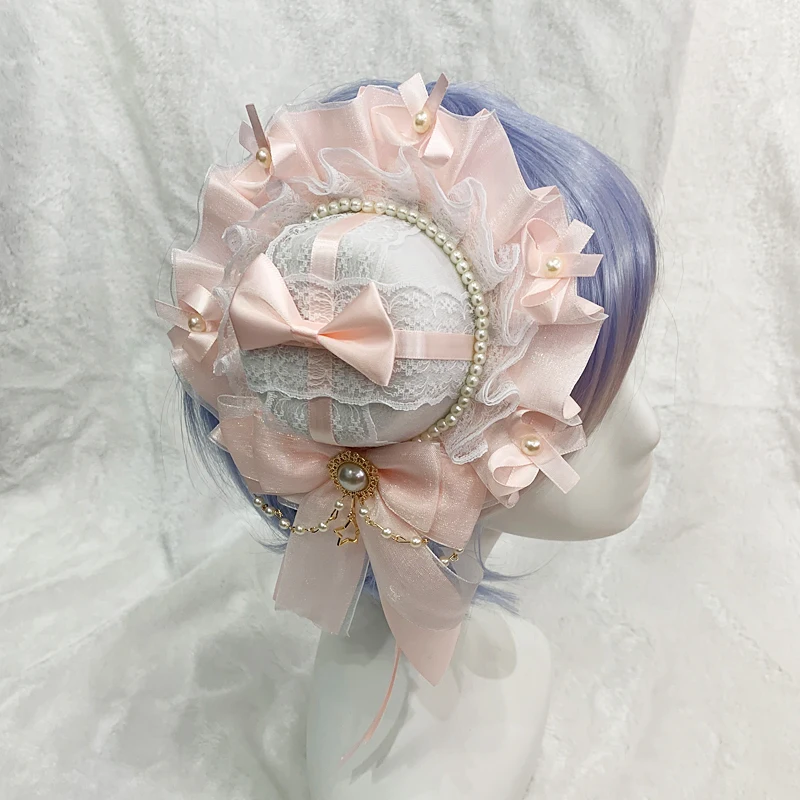 Tocado de Lolita rosa claro de estilo japonés para niña, sombrero de lazo pequeño versátil, accesorios para el cabello, tocado de encaje bonito