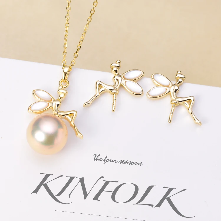 Little Fairy Design Pearl Pendant Necklace Chain With Angel Earrings Fittings 2Pcs/Set S925 Sterling Silver Jewelry Components