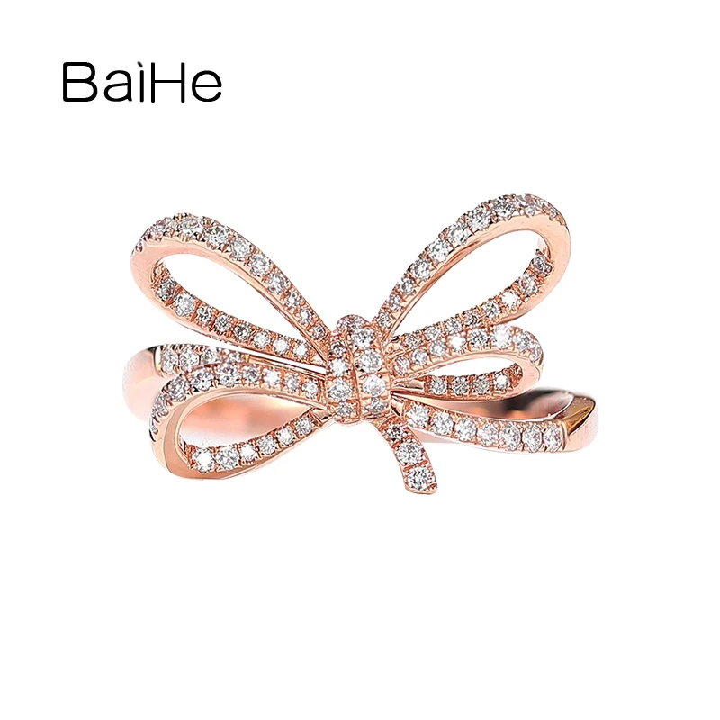 

BAIHE Solid 14K Rose Gold H/SI Natural Diamond Bowknot Ring Women Trendy Engagement Fine Jewelry Making Mowhiti Kopere Anel Laço