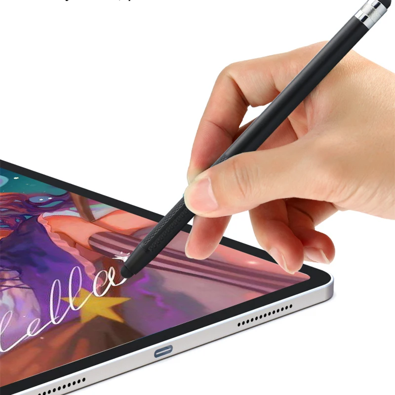 Caneta capacitiva 2 em 1 de silicone duplo para celular com design gravado