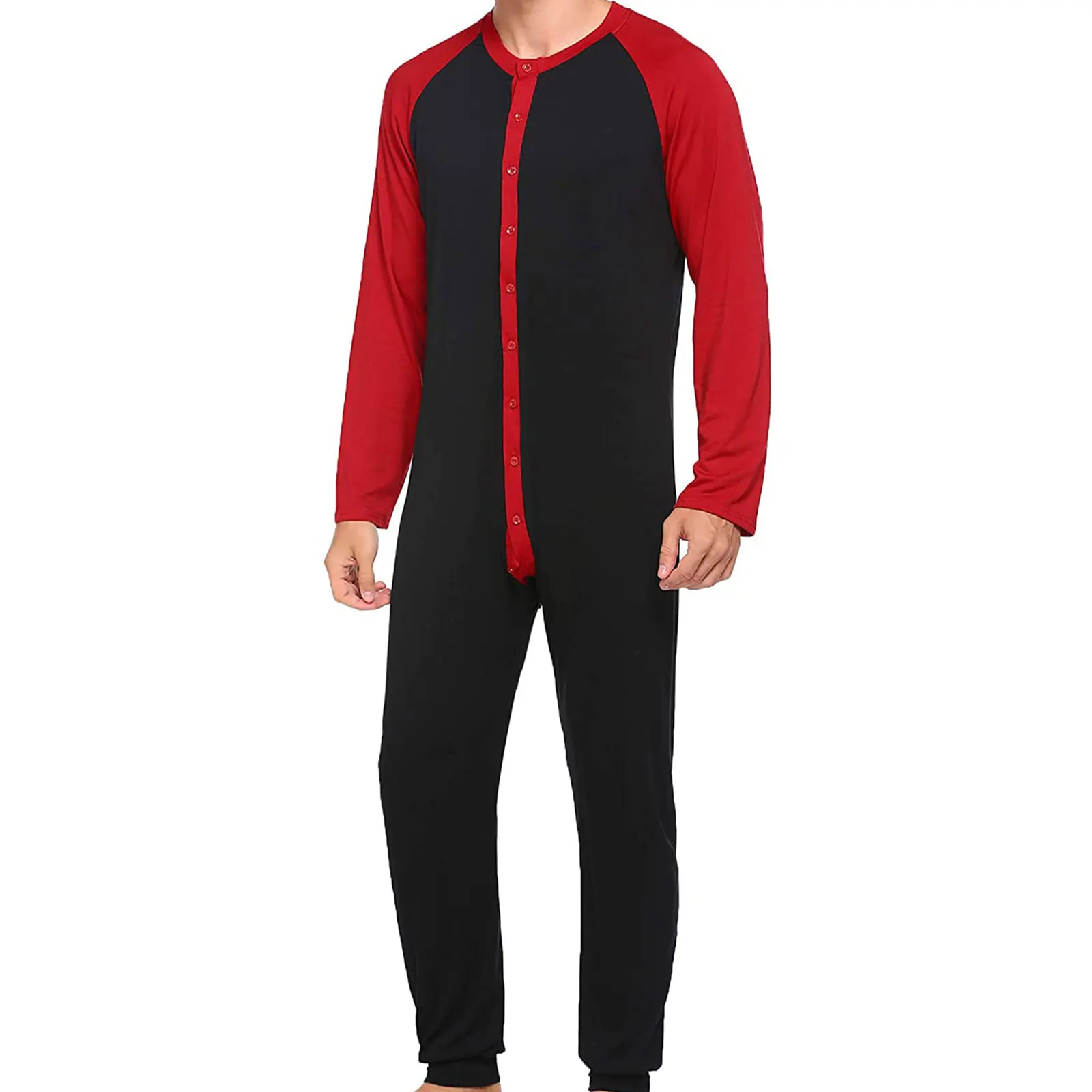 Men\'s One-piece Button Long Sleeve Soft Pajamas 2021 New Arrived Men Round Collar Open Front Nightdress Homewear Male Sleepwear