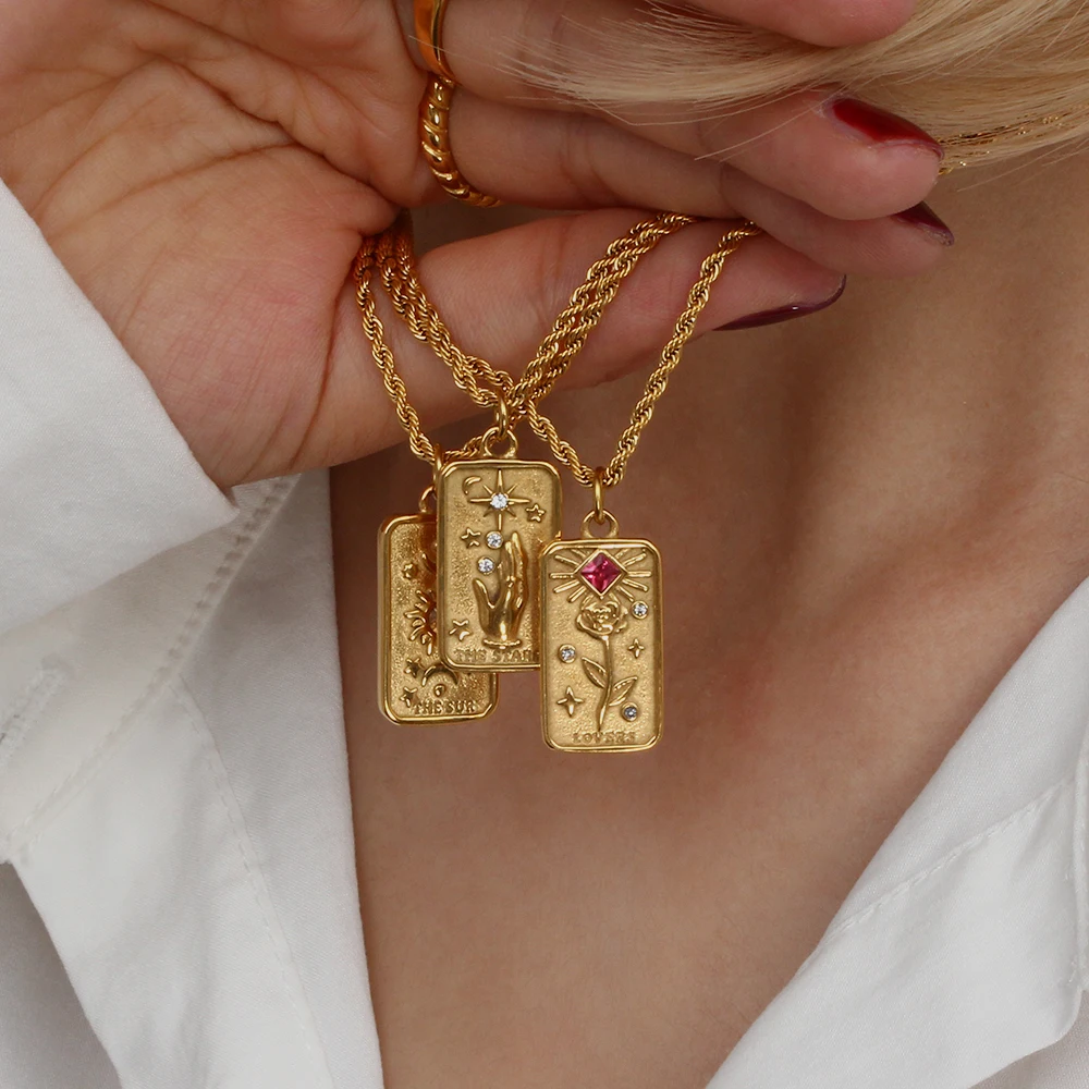 2023 Nieuwe Roestvrij Staal Aanslag Gratis Sieraden Tarot Ketting Star Moon Rose Sun Design Gouden Hanger Kettingen Voor Vrouwen