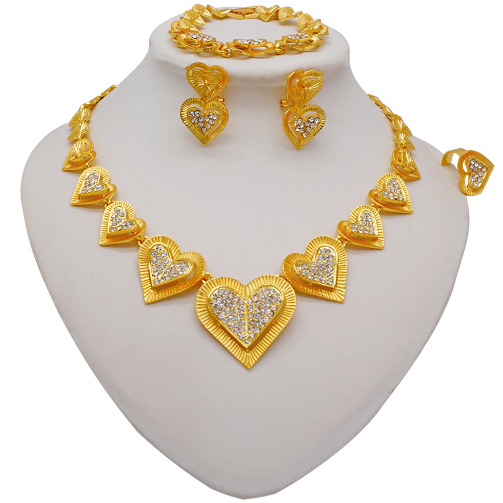 Fashion Jewelry Dubai Heart Jewellery Set For Women Bride Wedding Gold Color Ring Earring Necklace Nigeria Wedding Gifts