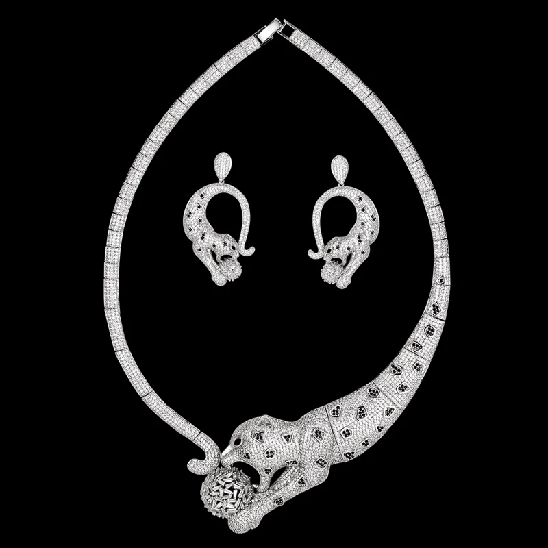 Zlxgirl jewelry big size leopard Shape Animal wedding necklace with earring jewelry sets high cubic zircon men's necklace sets