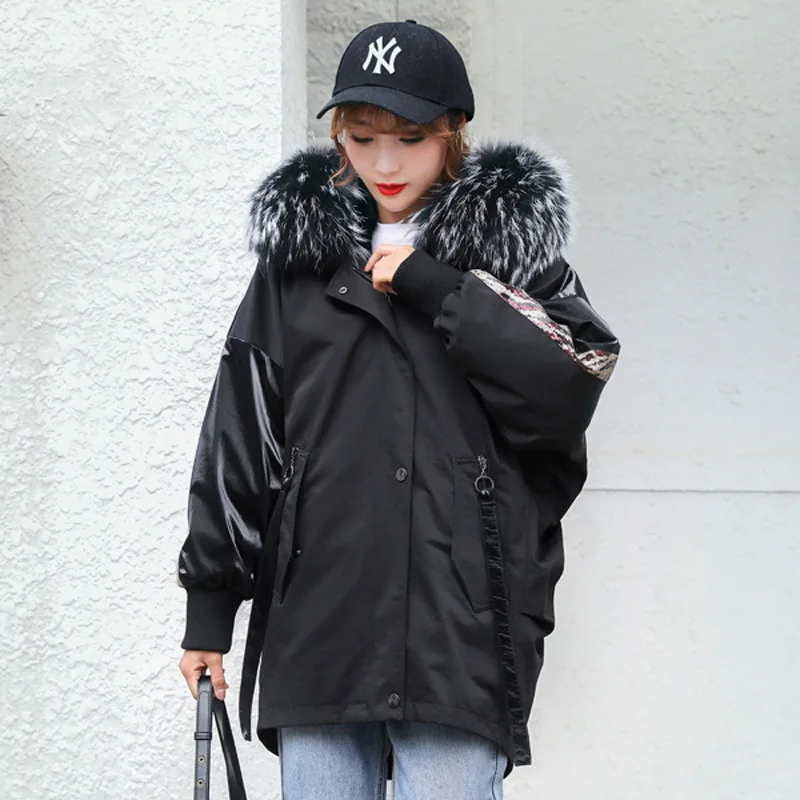 2023 new Korean Parka for women mid-length rabbit fur liner raccoon fur collar sequined fashion hooded fur coat Female winter