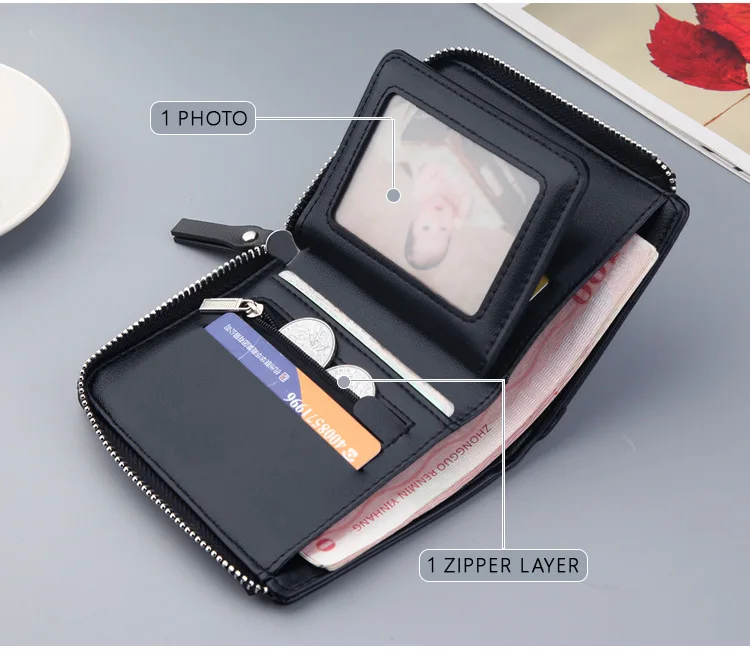 Men's Short PU Leather Wallet with Zipper Coin Pocket description 5